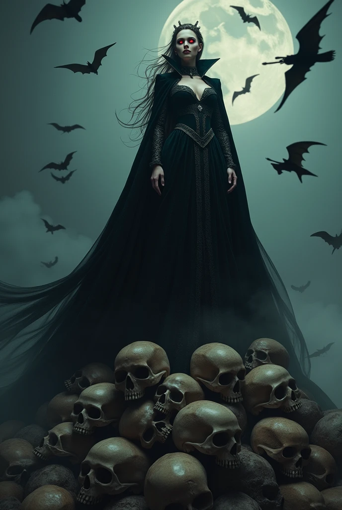 A full-body depiction of a stunning and powerful vampire queen standing triumphantly on a pile of weathered skulls. Bats swarm around her, their wings blurring into the moody background. The scene is rendered in a style that combines the dark, epic energy of Frank Frazetta with the hyper-realistic and intricately detailed approach of modern masters like Greg Rutkowski, Beeple, Beksinski, and Giger. The artwork should be incredibly detailed, with an 8K resolution, capturing every nuance of her figure, the skulls, and the bats. The composition is perfect, with soft, natural, volumetric light that enhances the chiaroscuro effect, creating a cinematic atmosphere. The texture and shading should evoke a sense of majesty and power, blending photorealism with the fantastical, trending on ArtStation for its sheer impact and artistry.