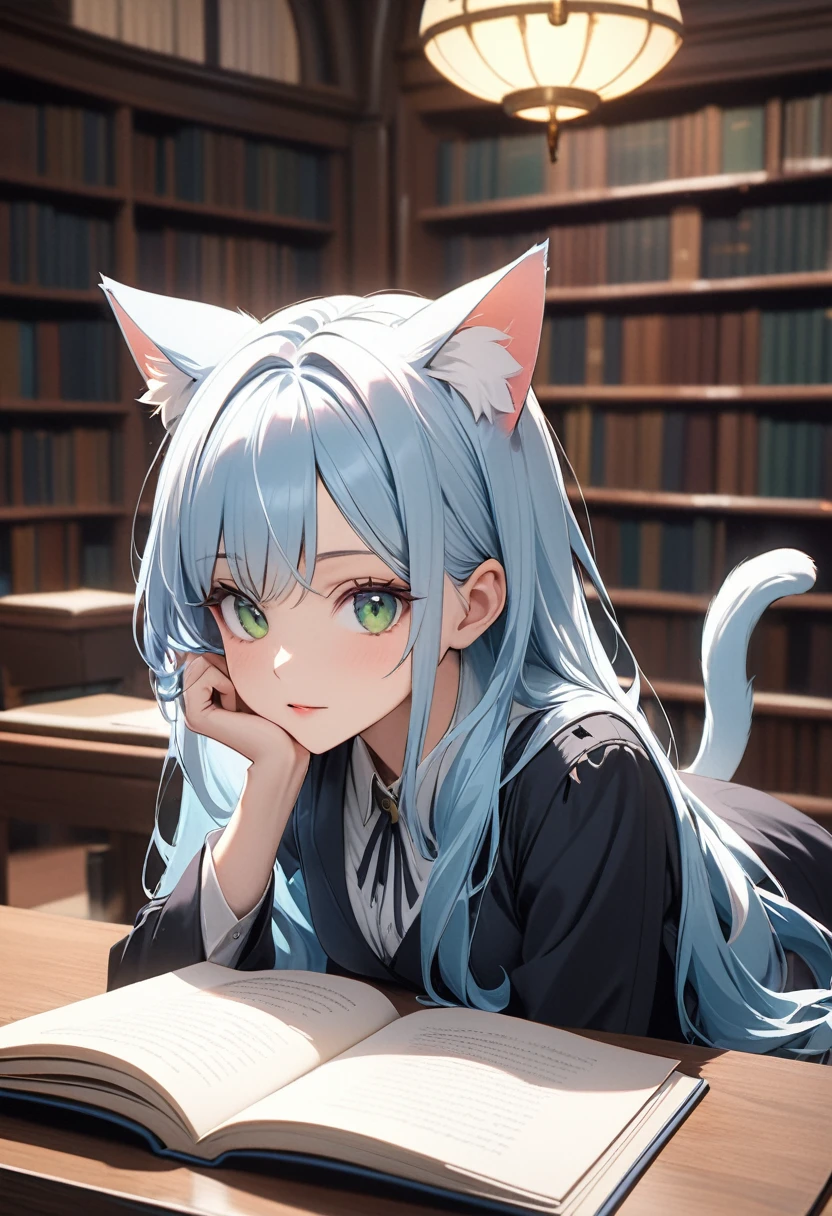 masterpiece, best quality, ultra-detailed, 4K, 8K, best quality, beautiful, pretty woman, solo, (((librarian))),(((beautiful light blue hair)), beautiful green eyes, beautiful eyes, (long hair, cat ears)),(bewitching pose)