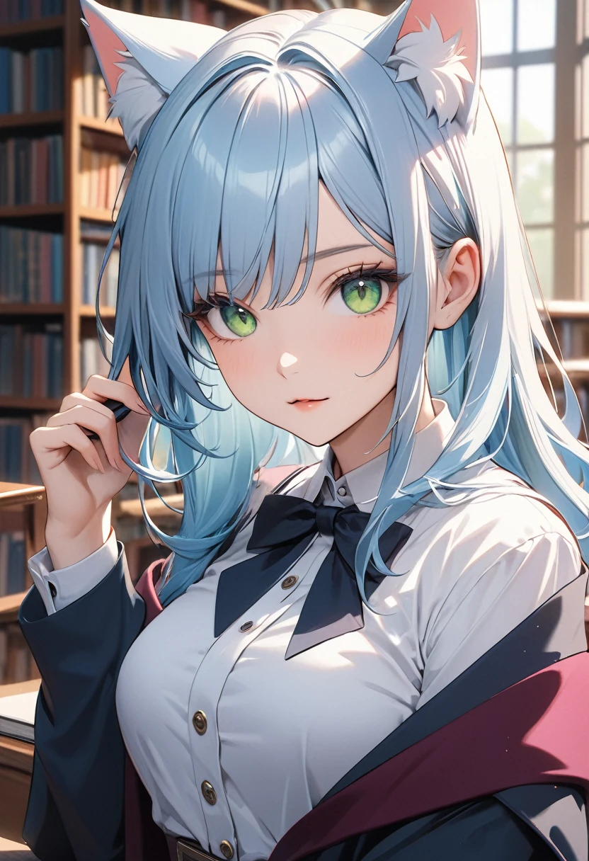 masterpiece, best quality, ultra-detailed, 4K, 8K, best quality, beautiful, pretty woman, solo, (((librarian))),(((beautiful light blue hair)), beautiful green eyes, beautiful eyes, (long hair, cat ears)),(bewitching pose)