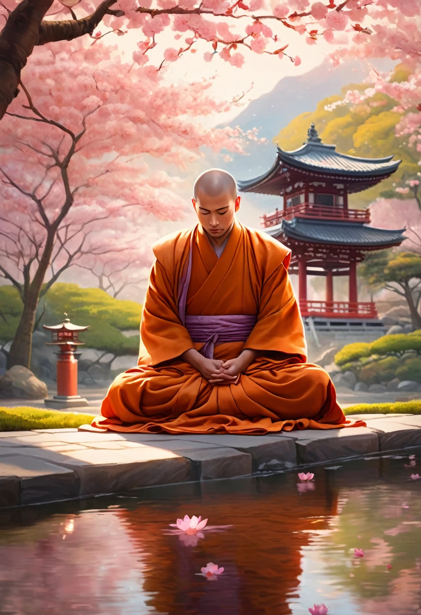 Illustrate a serene and peaceful Buddhist monk in traditional robes, standing or sitting calmly in front of a beautiful Japanese temple. The setting should be tranquil, with soft, warm lighting and cherry blossoms gently falling around the monk. The background should include the temple and perhaps a serene garden, evoking a sense of peace and spirituality.
