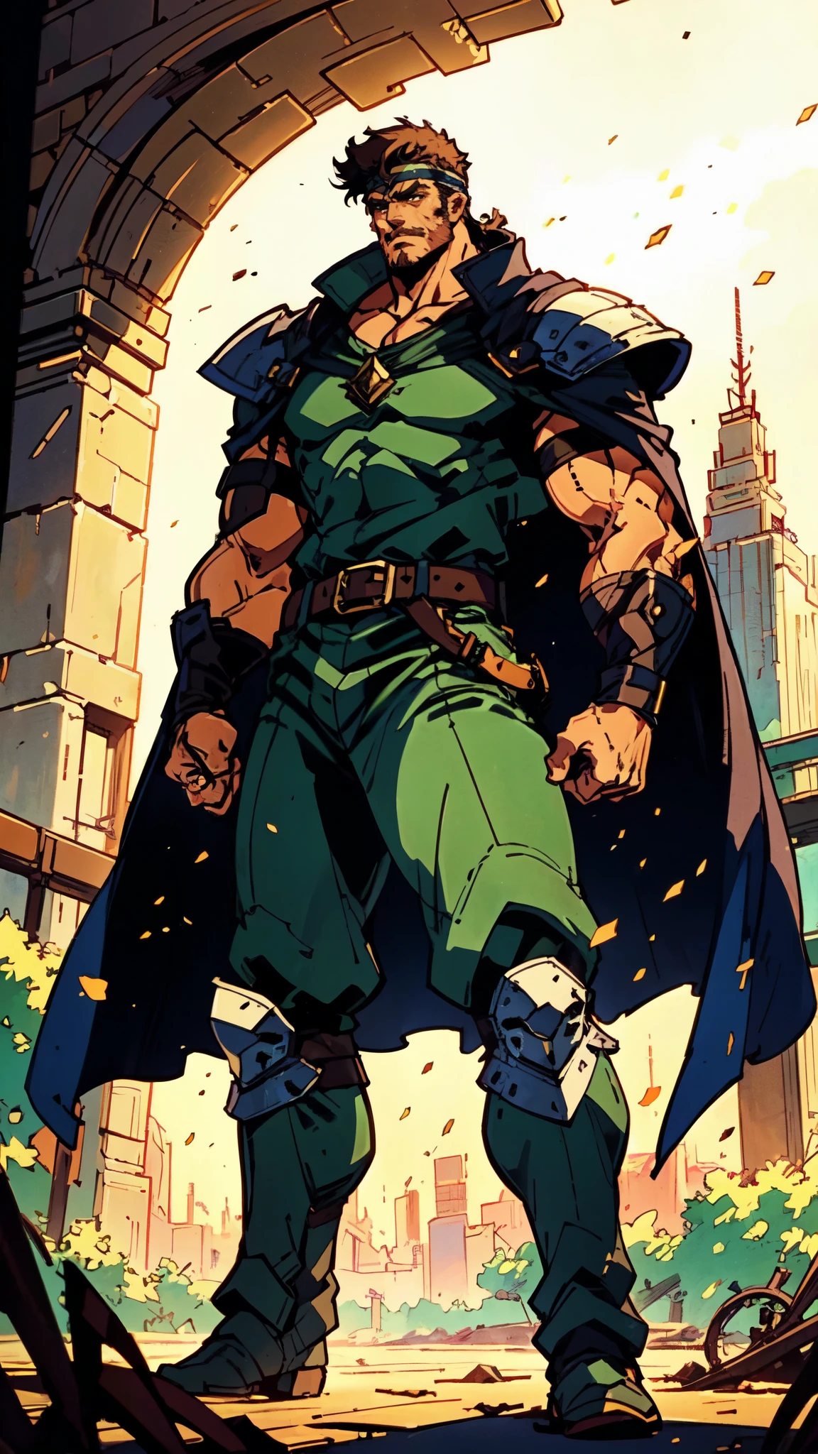 (masterpiece:1.2, best quality:1.2, extremely delicate:1.2), ((male:1.5)), a middle-aged man with short dark blue hair, a green headband tied around his forehead, sharp eyes, a heroic face, long sideburns, a long beard on his chin, a confident expression, a tall and muscular build, a fantasy-realist style short-sleeved coat, with a white and green form-fitting chest armor underneath, a flowing cape hangs from his right shoulder, heavy iron wrist guards, his belt is connected to small skirt armor plates, coarse cloth trousers, long boots that include shin guards, stands like a guardian in front of a city gate, this character embodies a finely crafted fantasy-realist style warrior in anime style, exquisite and mature manga art style, dramatic, high definition, highres, ultra-detailed, ultra-fine painting, professional, perfect body proportions, golden ratio, anatomically correct, symmetrical face, extremely detailed eyes and face, high quality eyes, creativity, RAW photo, UHD, 32k, Natural light, cinematic lighting, (masterpiece-anatomy-perfect:1.2)