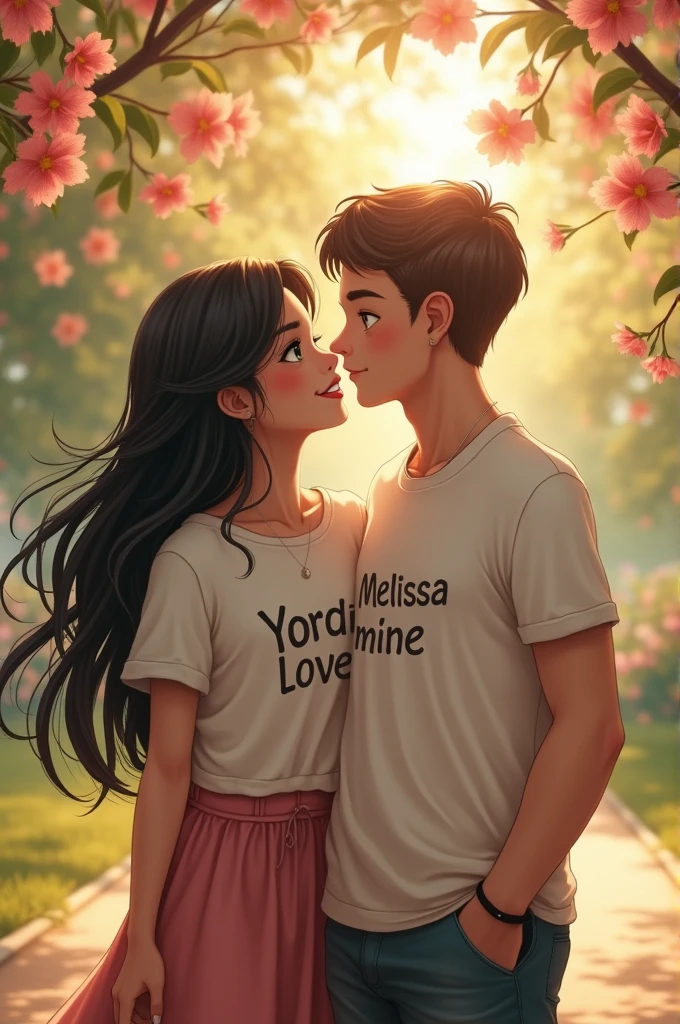 A married couple ) the skinny girl.long black hair, The girl's black eyes and her t-shirt that says Yordi I love you ). And the white boy is a little stronger in build. ,short light brown hair well combed with a little bangs and green eyes and her t-shirt that this writing Melissa mine is) . The couple are the same height and love each other very much.
