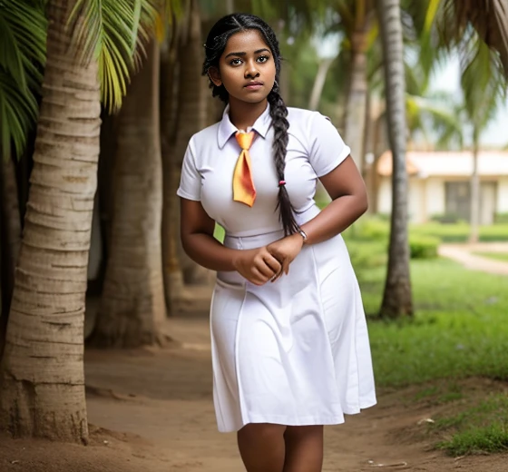 girl, couple, curvy body, large breast size,18 years old Sri Lankan school girl wearing a white frock and colorful tie, with perfectly braided hair in plaits, barefoot, hyper realistic, cinematic look, detailed body parts with correct anatomy, realistic lightning, hyper realistic skin details, barefoot, full body shot