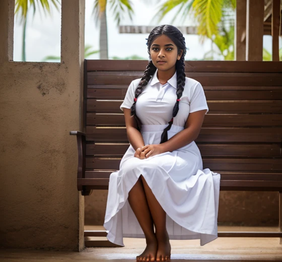 Realistic photos of (1 cute srilankan school girl) long hair, slightly smile, 32 inch breasts size,wearing white srilankan school frock, sitting on a bench in front of srilankan school, sunset light, close-up, UHD