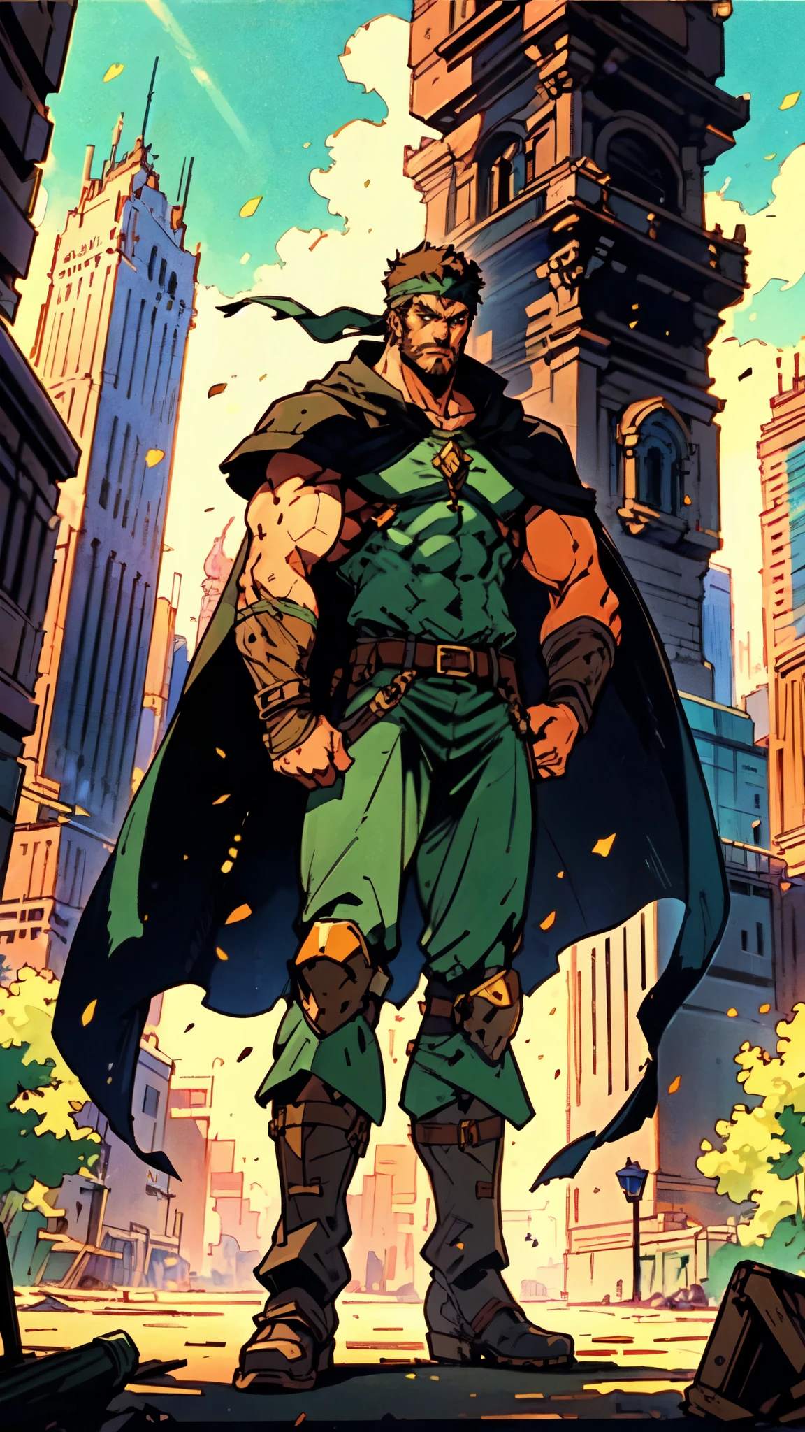 (masterpiece:1.2, best quality:1.2, extremely delicate:1.2), ((male:1.5)), a middle-aged man with short dark blue hair, a green headband tied around his forehead, sharp eyes, a heroic face, long sideburns, a long beard on his chin, a confident expression, a tall and muscular build, a fantasy-realist style short-sleeved coat, with a white and green form-fitting chest armor underneath, a flowing cape hangs from his right shoulder, heavy iron wrist guards, his belt is connected to small skirt armor plates, coarse cloth trousers, long boots that include shin guards, stands like a guardian in front of a city gate, this character embodies a finely crafted fantasy-realist style warrior in anime style, exquisite and mature manga art style, dramatic, high definition, highres, ultra-detailed, ultra-fine painting, professional, perfect body proportions, golden ratio, anatomically correct, symmetrical face, extremely detailed eyes and face, high quality eyes, creativity, RAW photo, UHD, 32k, Natural light, cinematic lighting, (masterpiece-anatomy-perfect:1.2)