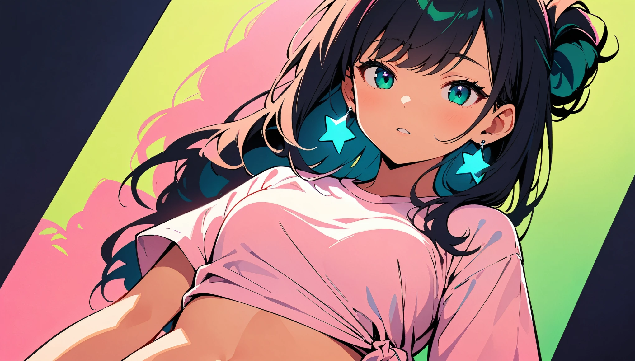 (high quality, 8k, 4K, High Contrast, masterpiece:1.2, 最high quality, Best aesthetics), (Dynamic Angle), ((1 female)), ((Single color background)), ((Flat Color)), Plain White T-shirt, Looking at the audience, Upper Body, Dark Background, High Contrast, Contrasting colors, Cowboy Shot,Pale pink and green lighting,belly button,Long Hair,((Tied Hair)),Small Tits,Black Hair,Small star-shaped earrings in both ears,watch