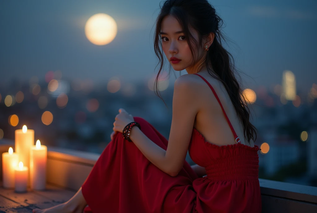 (32K:1.9, Highest quality, masterpiece, Ultra-high resolution), Professional camera work:1.6, Very detailedな肌と顔の質感:1.3, attractive肖像画:1.3, Very accurate, Very detailed, 1 adult Japanese female, ((Amazing night view from the rooftop, The moonlight at night illuminates my body)), (Satin Red Nightgown:0.5), Incredibly slim body, Fair skin, elegant, Expressions of sadness, (Big eyes that exude beautiful eroticism:0.8, Sad expression:1.0, I love you with all my heart:0.8, Open your mouth a little, lipstick, Feel the beautiful eroticism:0.8), (Wet dark brown medium length hair), Candles, Mid-chest, Earrings, necklace, bracelet, Sensual sitting position, (romantic, dramatic, mysterious), Object of admiration, format, artistic, Innovative, attractive, Stimulate the, Extreme, Tilt, ((Adult charm, Feminine charm, Hair blowing in the wind))