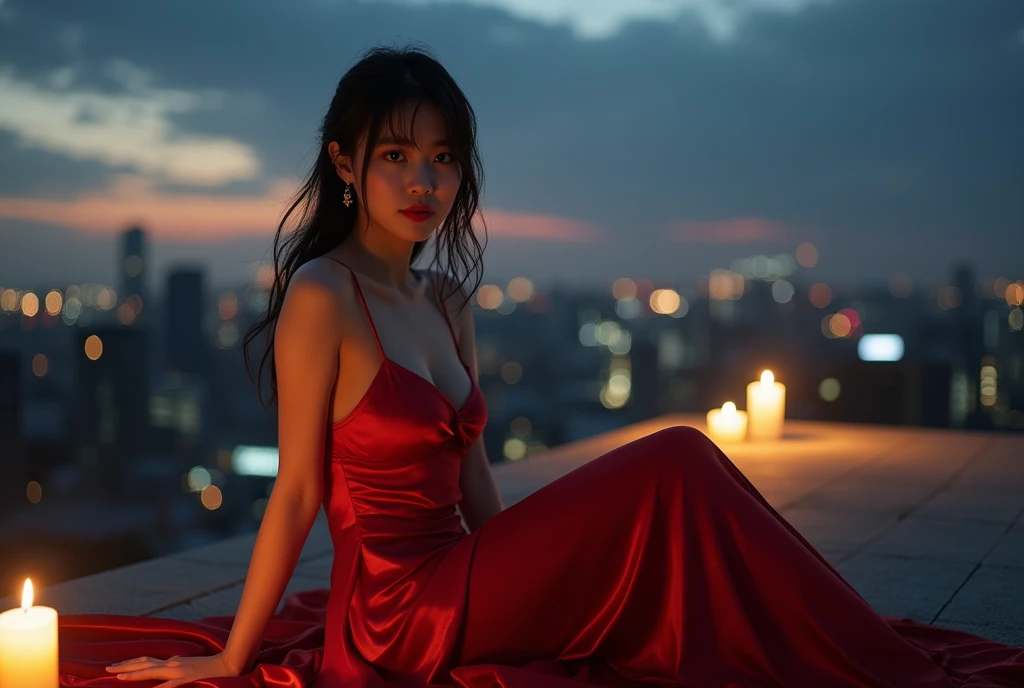 (32K:1.9, Highest quality, masterpiece, Ultra-high resolution), Professional camera work:1.6, Very detailedな肌と顔の質感:1.3, attractive肖像画:1.3, Very accurate, Very detailed, 1 adult Japanese female, ((Amazing night view from the rooftop, The moonlight at night illuminates my body)), (Satin Red Nightgown:0.5), Incredibly slim body, Fair skin, elegant, Expressions of sadness, (Big eyes that exude beautiful eroticism:0.8, Sad expression:1.0, I love you with all my heart:0.8, Open your mouth a little, lipstick, Feel the beautiful eroticism:0.8), (Wet dark brown medium length hair), Candles, Mid-chest, Earrings, necklace, bracelet, Sensual sitting position, (romantic, dramatic, mysterious), Object of admiration, format, artistic, Innovative, attractive, Stimulate the, Extreme, Tilt, ((Adult charm, Feminine charm, Hair blowing in the wind))