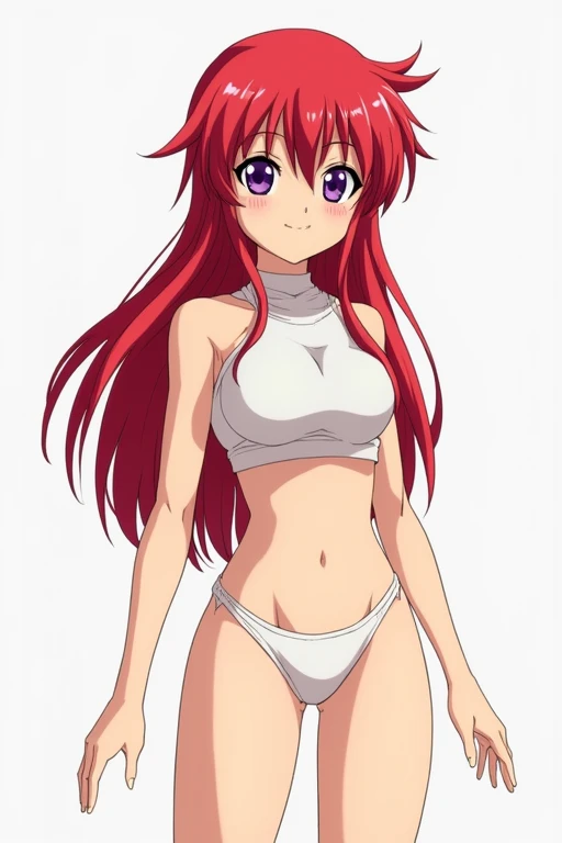 official style, lunamaria hawke (gundam seed), gundam seed, very aesthetic, best quality, intricate, overall detail, 1 girl, red hair, purple eyes,white panty, standing, light smile, simple background, facing the front, straight-on, close to viewer, cowboy shot, face focus, intricate, hyper-detailed, 100-layer, amazing quality, excellent, {{{{ultra-high resolution}}}}, {{{hi-vision anime}}},