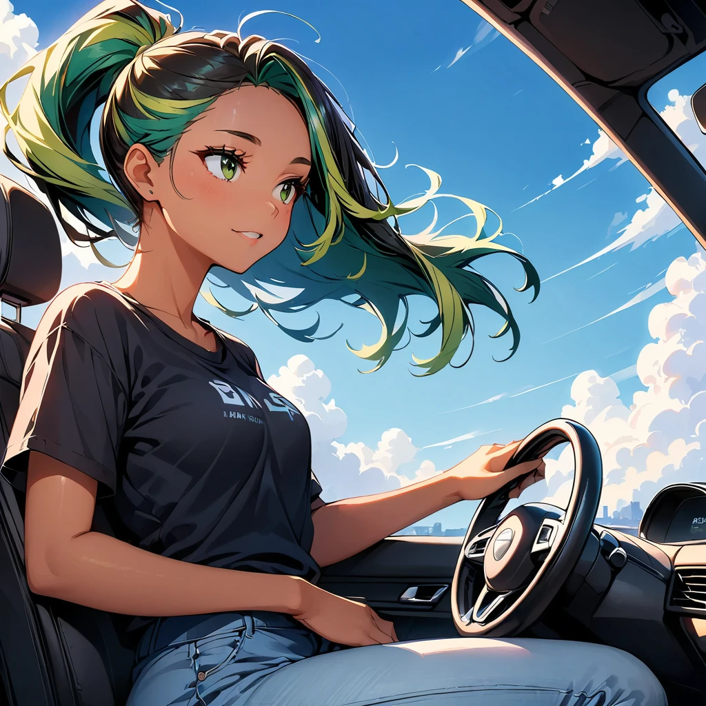 (highest quality:1.2, Very detailed, up to date, Vibrant, Ultra-high resolution, High Contrast, masterpiece:1.2, highest quality, Best aesthetics), wide angle, Portraiture、girl、((25 years old:1.8)), (slim:1.2),Bright colors、Beautiful fine details、Beautiful lip detail、long hair, (ponytail:1.3), white and yellow green ((streaked hair:1.6)), highlights hair: 1.5, (small breast,:1) (tan skin:1.2), ((drive a car:1), sitting in the driver's seat), convertible car, blue sky and white cloud, black t-shirt, jeans shorts, looking ahead, side view