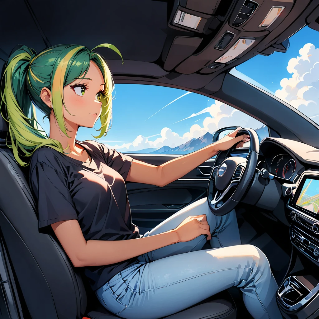 (highest quality:1.2, Very detailed, up to date, Vibrant, Ultra-high resolution, High Contrast, masterpiece:1.2, highest quality, Best aesthetics), wide angle, Portraiture、girl、((25 years old:1.8)), (slim:1.2),Bright colors、Beautiful fine details、Beautiful lip detail、long hair, (ponytail:1.3), white and yellow green ((streaked hair:1.6)), highlights hair: 1.5, (small breast,:1) (tan skin:1.2), ((drive a car:1), sitting in the driver's seat), convertible car, blue sky and white cloud, black t-shirt, jeans shorts, looking ahead, side view