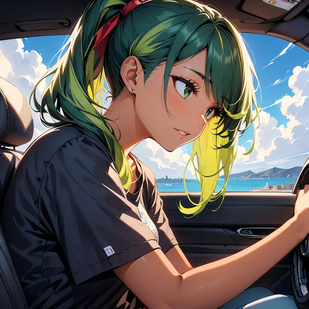 (highest quality:1.2, Very detailed, up to date, Vibrant, Ultra-high resolution, High Contrast, masterpiece:1.2, highest quality, Best aesthetics), wide angle, Portraiture、girl、((25 years old:1.8)), (slim:1.2),Bright colors、Beautiful fine details、Beautiful lip detail、long hair, (ponytail:1.3), white and yellow green ((streaked hair:1.6)), highlights hair: 1.5, (small breast,:1) (tan skin:1.2), ((drive a car:1), sitting in the driver's seat), convertible car, blue sky and white cloud, black t-shirt, jeans shorts, looking ahead, side view