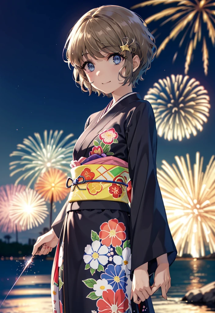 tomoekoga, Chie Koga, short hair, Brown Hair, blue eyes, Flower Hair Ornaments,smile,black kimono,Wide sleeves,日本のFestivalり,夏Festivalりの屋台,Red lantern,Fireworks in the night sky,Fireworks、The place is a fireworks display,Time is night,sunny day,turn around,whole bodyがイラストに入るように
break outdoors,Festival ,
break looking at viewer, whole body,(Cowboy Shot:1.5),
break (masterpiece:1.2), Highest quality, High resolution, unity 8k wallpaper, (figure:0.8), (Beautiful attention to detail:1.6), Highly detailed face, Perfect lighting, Highly detailed CG, (Perfect hands, Perfect Anatomy),