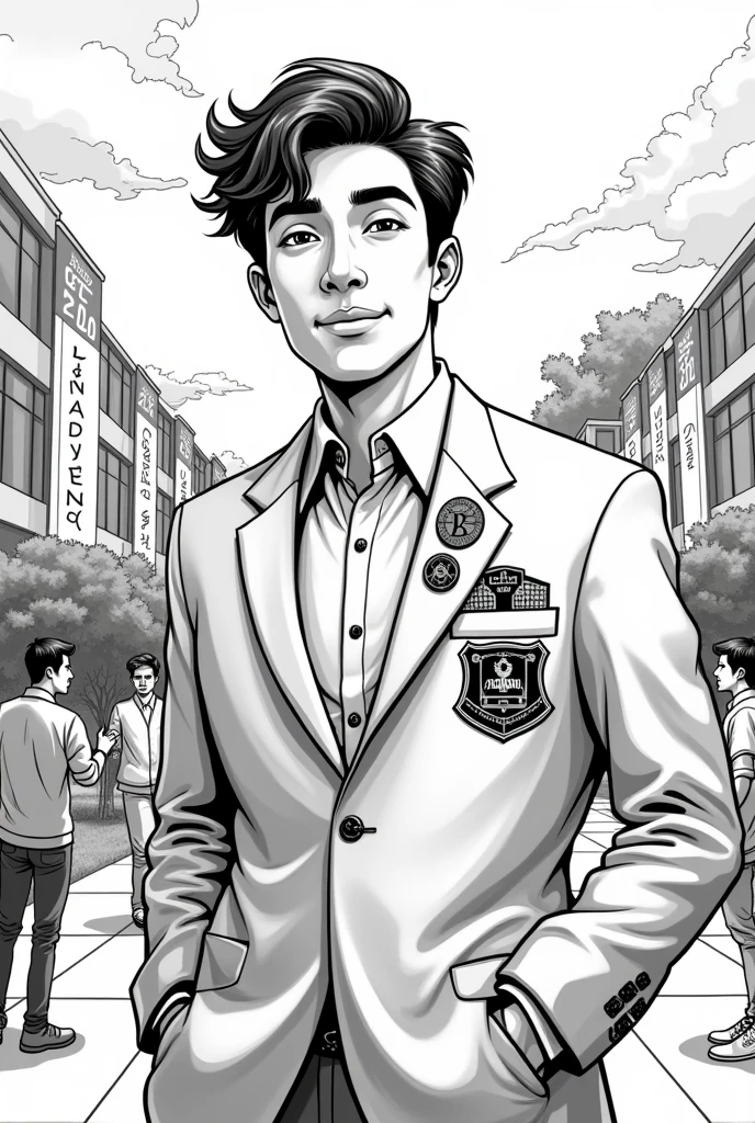 A drawing based on the 2024 fraternity campaign, black and white, easy.