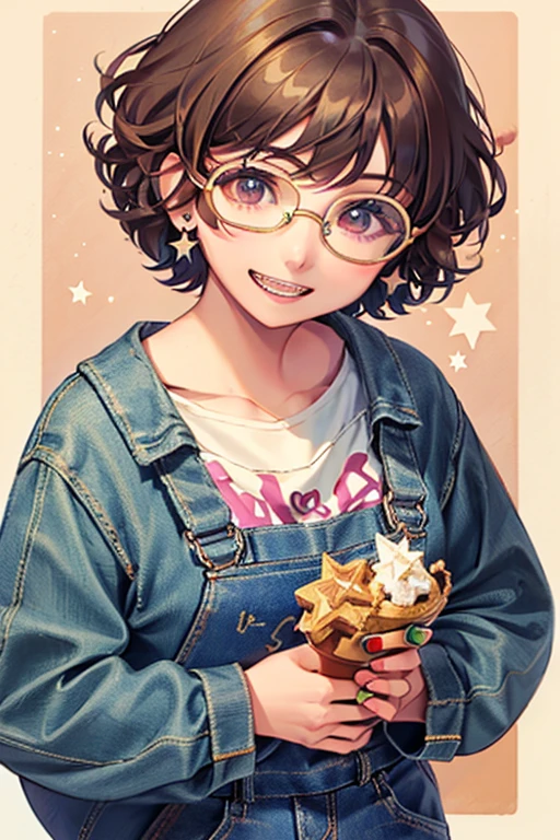 1girl, short curly hair, brown hair, brown eyes, glasses, open mouth, smiling, metal braces, star earrings, denim blue overalls, green top, pink sneakers,