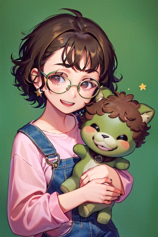 1girl, short curly hair, brown hair, brown eyes, glasses, open mouth, smiling, metal braces, star earrings, denim blue overalls, green top, pink sneakers,