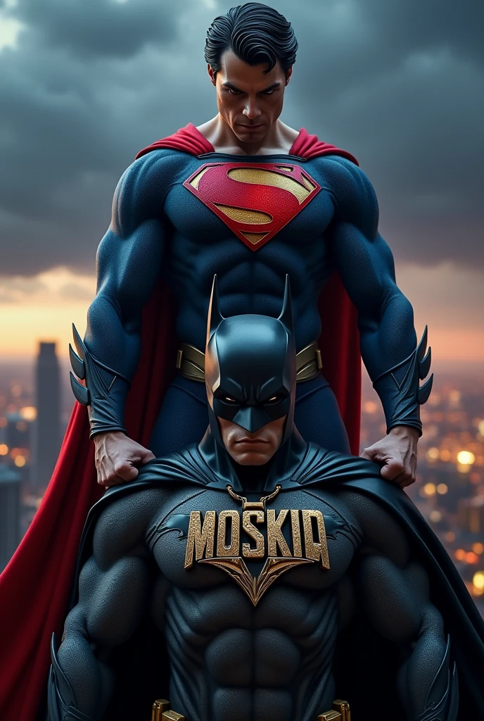 Superman standing on batman's shoulder and had a necklace on his neck with MOSKID " carved on it 