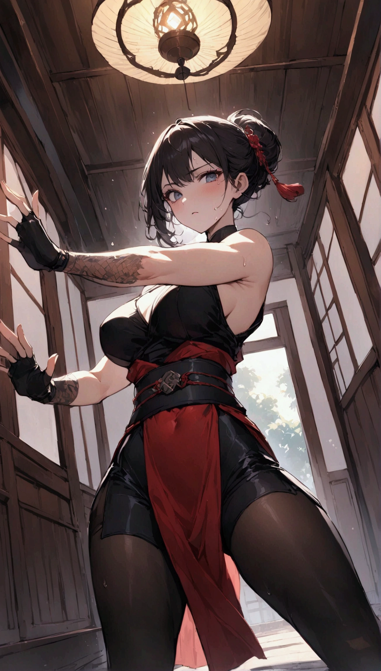 from below,cowboy shot,dutch angle,{{masterpiece}}, {{{best quality}}},{{ultra-detailed}}, {{illustration}}(Beautiful and fine eyes)、female martial artist, Elegant Fighting Pose,fingerless gloves,pelvic curtain,Black pantyhosens,martial arts belt,short boots,Lace-patterned arm cover,sweating ,{Inside the Japanese Dojo:1.4}}