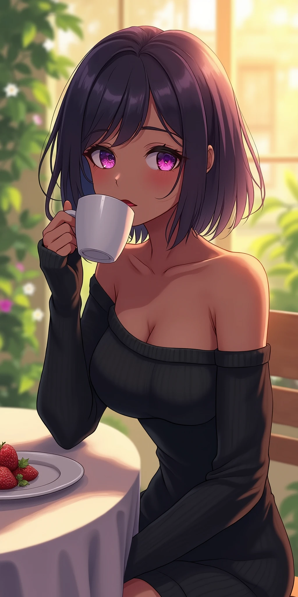 (best quality, ultra-detailed, photorealistic: 1.39), bright and vibrant colors, studio lighting, romantic expression, An effeminate girl, with a delicate and beautiful face. a beautiful dark skin tanned woman, with sparkling purple eyes, with medium breasts, wearing a black strapless sweater, long sleeves, short sweater dress, she is in the garden, drinking tea, table and chair, in the sun, she is sitting in a beautiful pose showing her love, she is in love, anime style, Anime Bishoujo