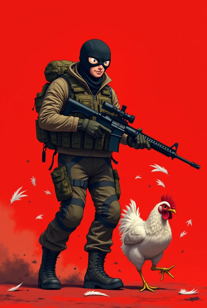 Create an image of a counter strike 2 terrorist, holding a sniper in one hand and chasing a chicken with a red background and an anime face