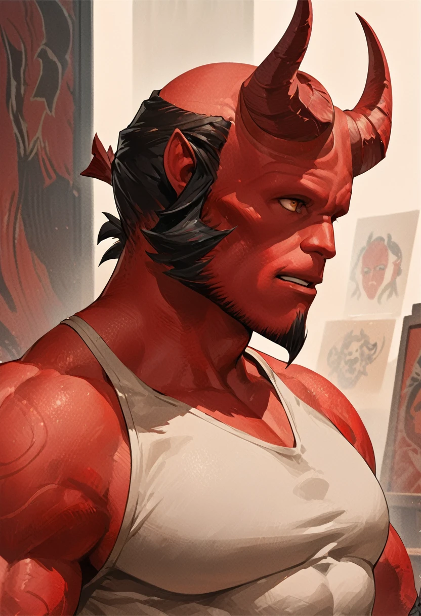 Hellboy, the image contains a drawing of a muscular red-skinned man with horns and a goatee. He looks to the right and his upper body is visible. ((without horns)) Artstation style illustration