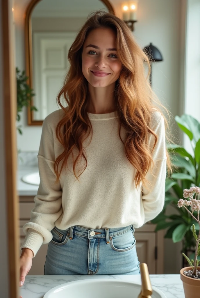 A super realistic photo of a woman taking a selfie in the mirror 
