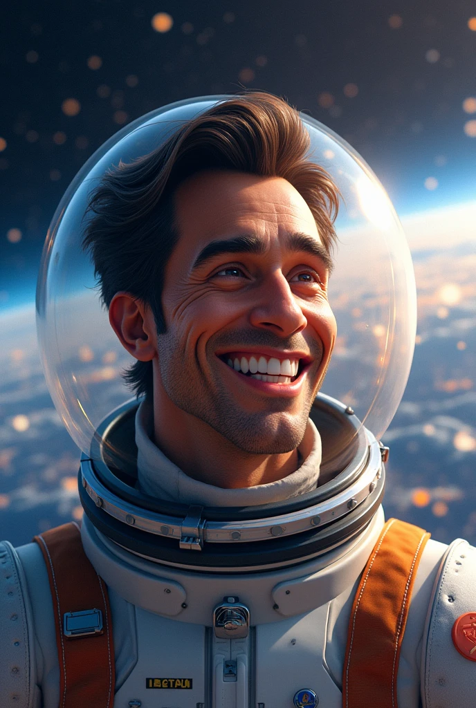Create a highly detailed and realistic image of Silvio Santos, the famous Brazilian television presenter, with his signature smile and distinctive hairstyle. He should be depicted as an astronaut, wearing a reflective space helmet and a modern spacesuit with technological details, while maintaining his recognizable facial features and charismatic expression. The background should be a captivating outer space scene, featuring stars, distant planets, and perhaps a glimpse of Earth in the distance. Ensure the lighting and shadows are consistent with the space environment, and that the image captures both his iconic personality and the awe-inspiring setting. Personagem de desenho animado de um homem de óculos escuros e camisa azul, um personagem animado, Caractere estilizado, renderização de estilo de animação, 3D estilizado, Renderização de Arnold Maya, renderização 3d estilizada, captura de tela de renderização de toon, Personagem 3D, Personagem 3D, renderização 3d estilizada, Renderização de personagens 3D, personagem de desenho animado, Personagem de close up, Pose de personagem, (Estilo Pixar) (parte mestre:1.2) (Bokeh) (melhor qualidade) (pele detalhada) (textura detalhada) (8K) (argila) (iluminação cinematográfica) (foco nitído,Senta e vaza a parte superior do corpo