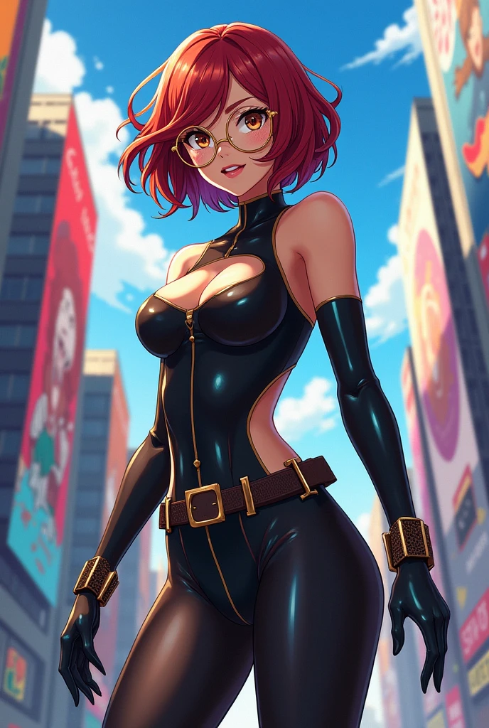 Oc woman style My hero academia, short wavy hair in two tones (red on top and brown on the bottom) She wears a heroine costume like Catwoman with high boots, and large breasts and wears round golden glasses, with brown eyes and lace gloves