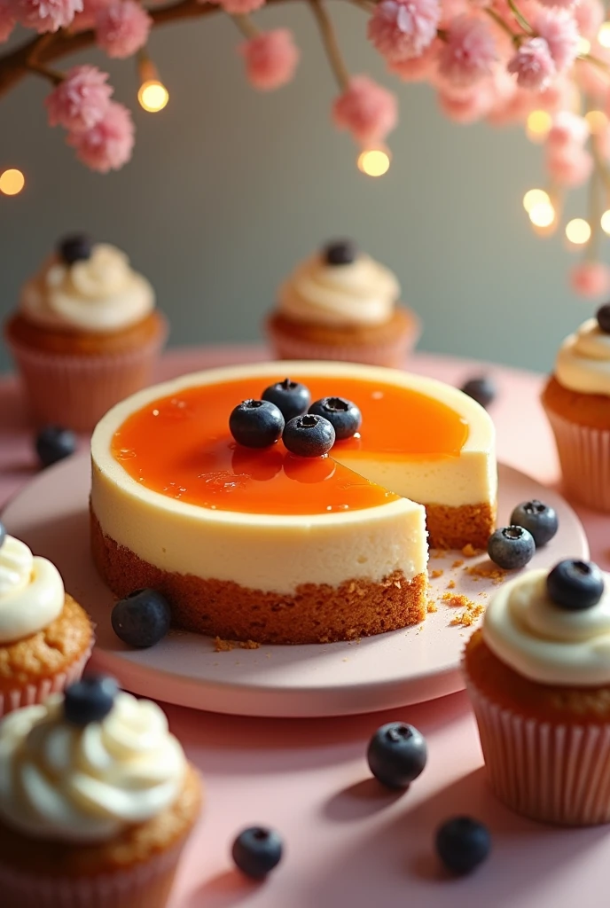 The inside of a dessert that I won over cheesecake, carrot jam, blueberry cupcake, and potato related products