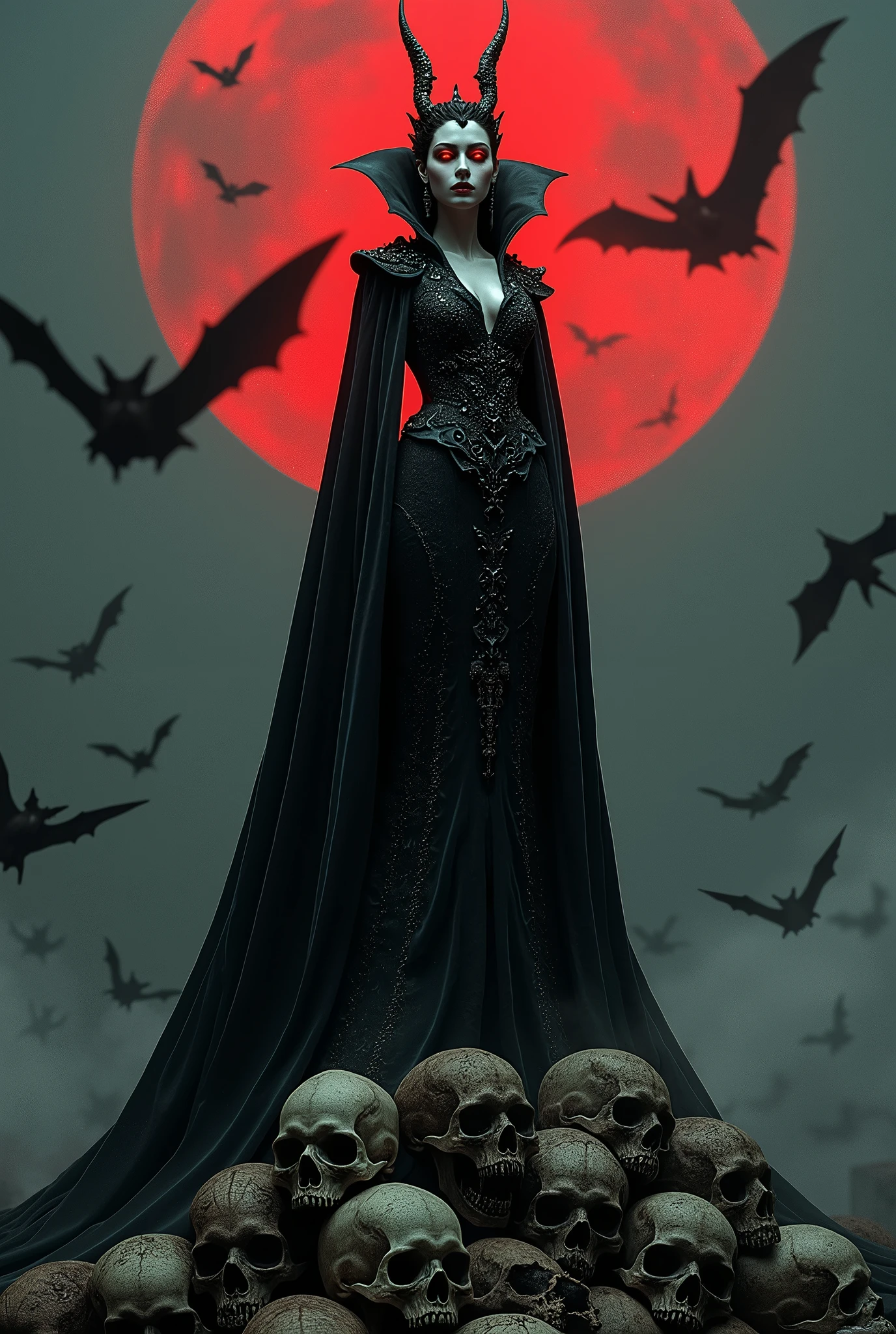 A full-body depiction of a stunning and powerful vampire queen standing triumphantly on a pile of weathered skulls. Bats swarm around her, their wings blurring into the moody background. The scene is rendered in a style that combines the dark, epic energy of Frank Frazetta with the hyper-realistic and intricately detailed approach of modern masters like Greg Rutkowski, Beeple, Beksinski, and Giger. The artwork should be incredibly detailed, with an 8K resolution, capturing every nuance of her figure, the skulls, and the bats. The composition is perfect, with soft, natural, volumetric light that enhances the chiaroscuro effect, creating a cinematic atmosphere. The texture and shading should evoke a sense of majesty and power, blending photorealism with the fantastical, trending on ArtStation for its sheer impact and artistry.