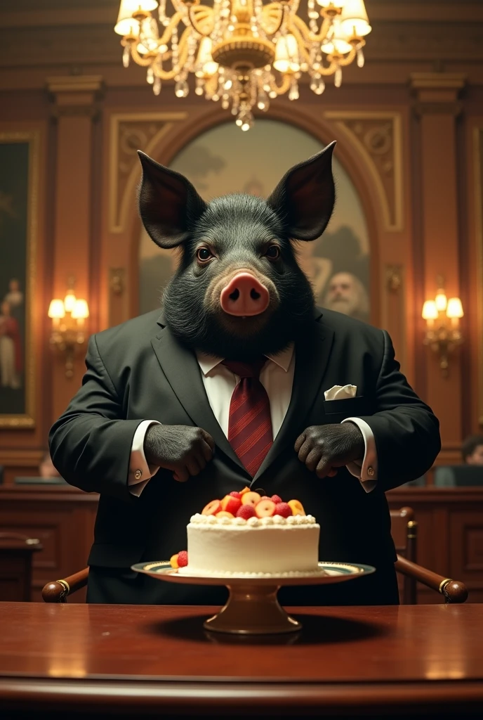 A very angry and corrupt black pig in a formal suit looking at a cake and wanting to eat it, but he doesn't eat, Inside the Guatemala Congress