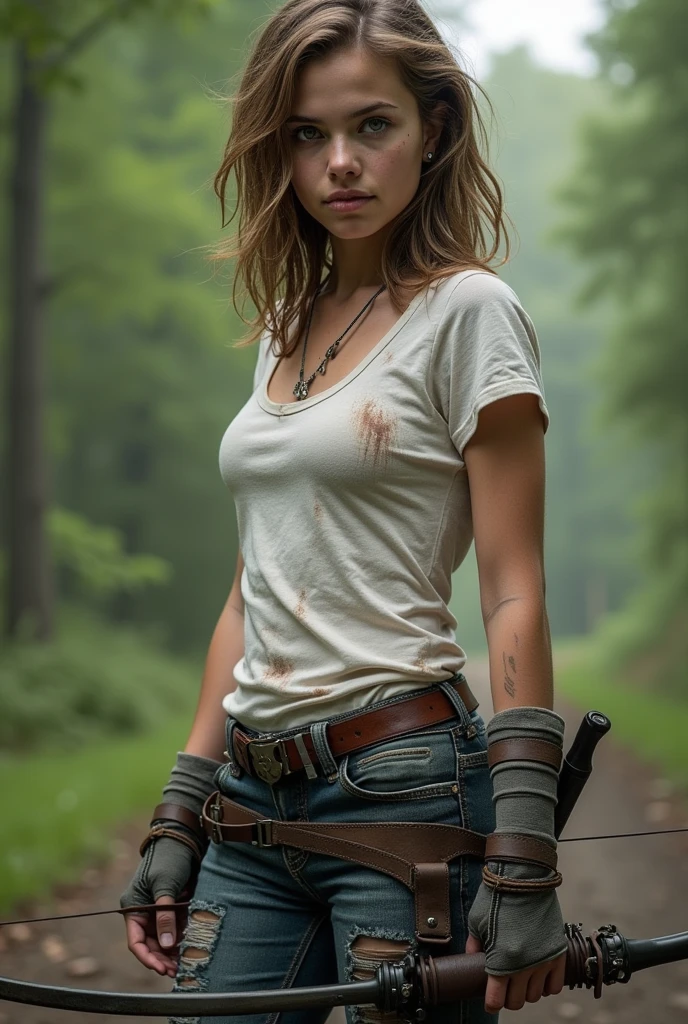 Girl, 17, with light brown hair and dark blue-grey eyes, pale complexion, in The Walking Dead art style. Holding a bow. Wearing jeans with a holster holding a knife on her thigh. And a white, dirty t-shirt covering her WHOLE stomach. And wraps on her arms. Fingerless gloves