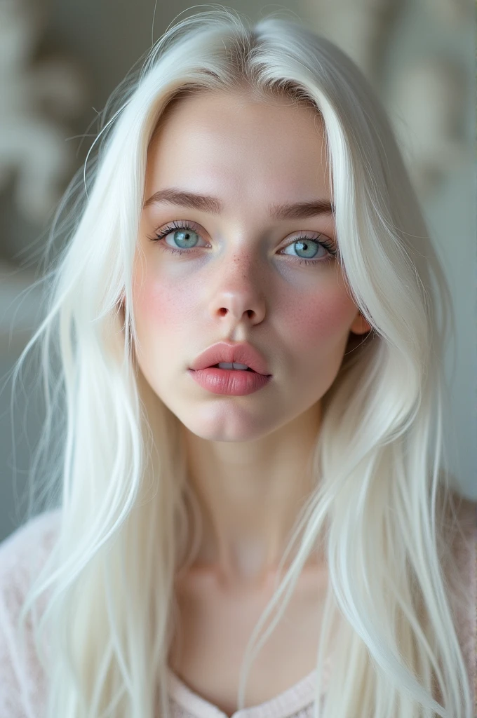 gere foto de Beautiful young woman with pale skin, baby blue eyes, long straight white hair, selfie making a cute pout, light pink makeup, inspired by bernini