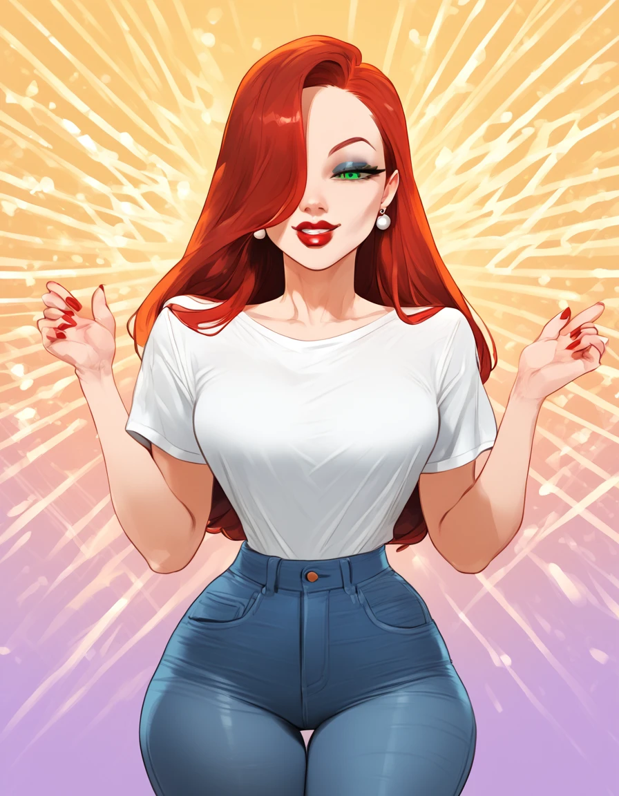 score_9, score_8_up, score_7_up, score_6_up, BREAK source_cartoon, 1girl, red hair, long hair, hair over one eye, green eyes, lipstick, makeup, earrings, BREAK ((wearing a white tshirt)), best quality, expressive eyes, (abstract background:1.5), abstract background, realistic, 1girl, solo.  looking at viewer, smile, (big hips), hourglass body, happy, thigh gap, lips, red lips, lipstick,  BREAK  (jeans), parted lips,nail polish, ((narrow waist)), looking at viewer, thighs, Mixed_artstyle