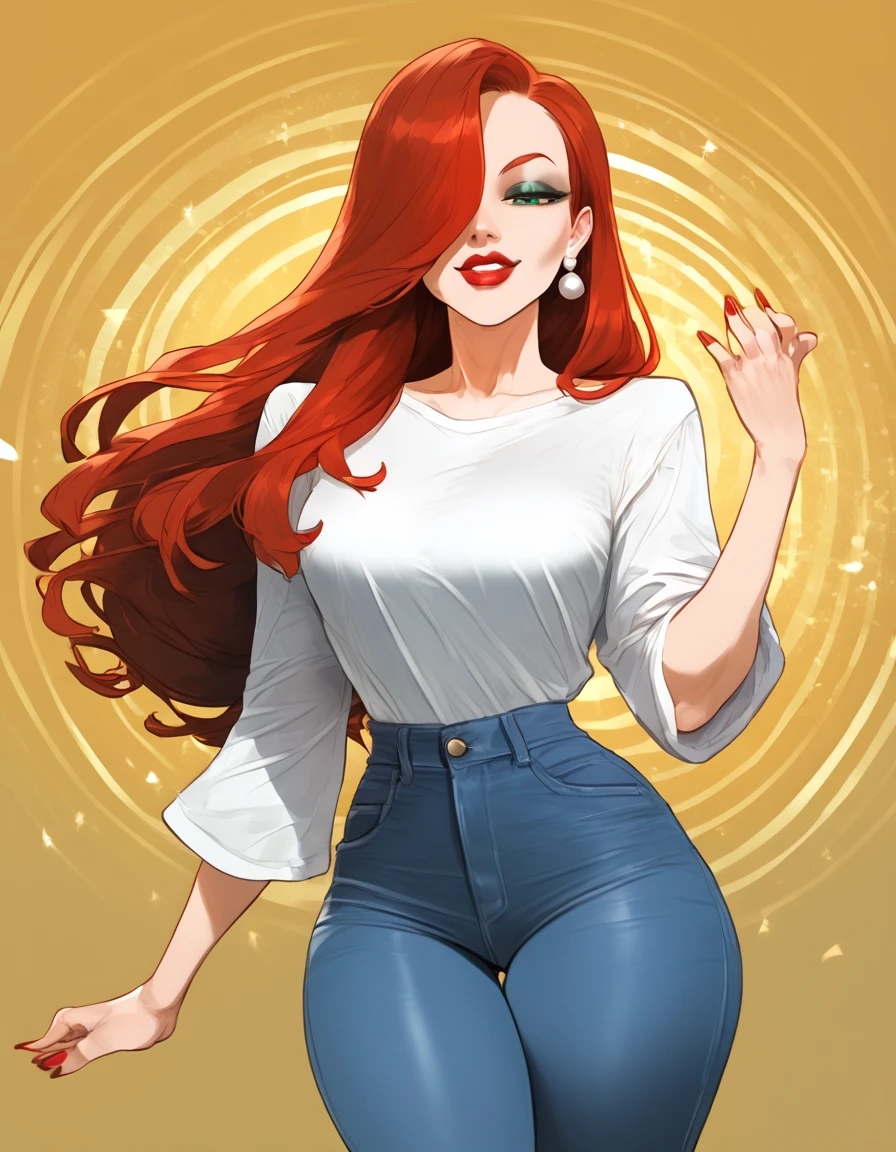 score_9, score_8_up, score_7_up, score_6_up, BREAK source_cartoon, 1girl, red hair, long hair, hair over one eye, green eyes, lipstick, makeup, earrings, BREAK ((wearing a white tshirt)), best quality, expressive eyes, (abstract background:1.5), abstract background, realistic, 1girl, solo.  looking at viewer, smile, (big hips), hourglass body, happy, thigh gap, lips, red lips, lipstick,  BREAK  (jeans), parted lips,nail polish, ((narrow waist)), looking at viewer, thighs, Mixed_artstyle