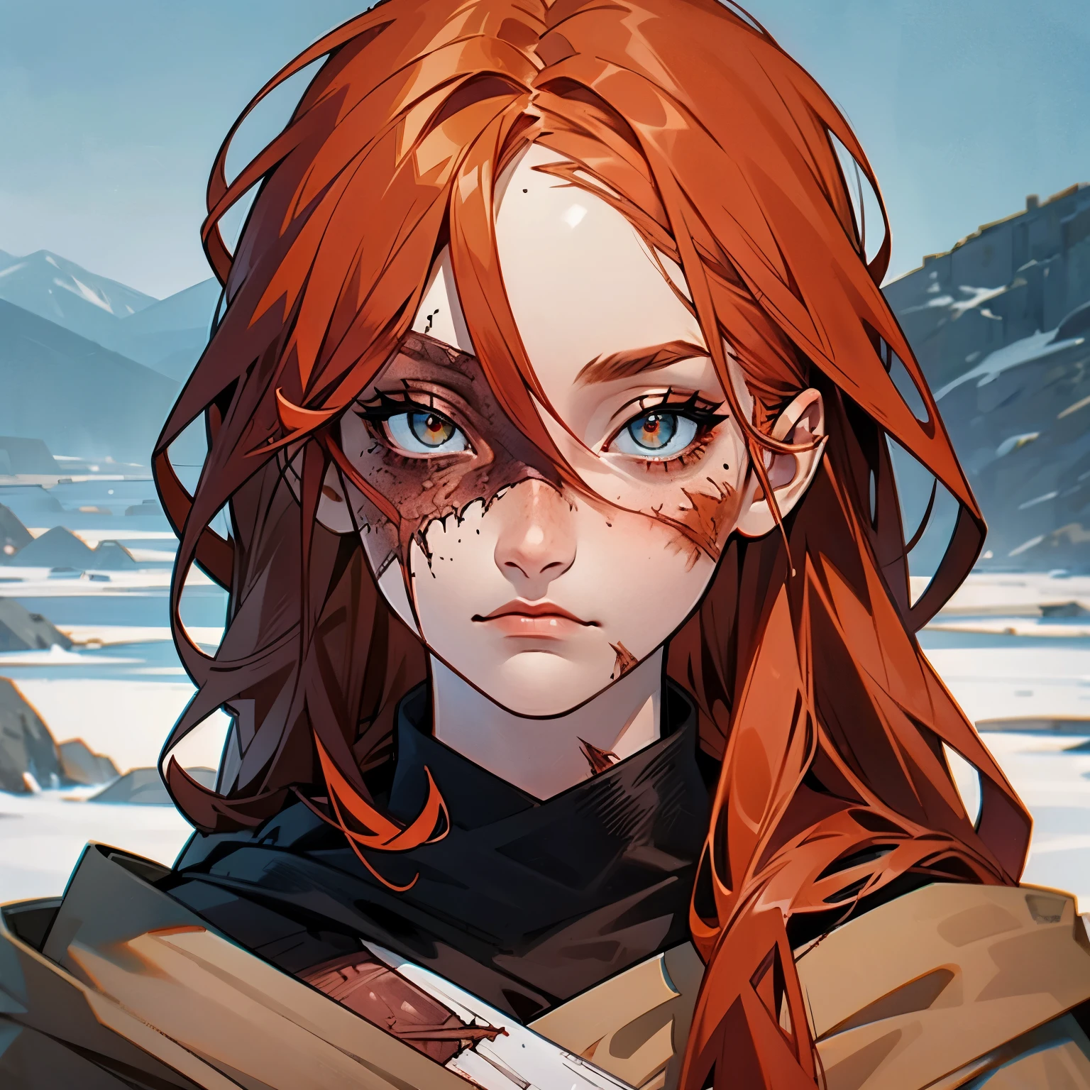 better_scar, 1girl, cracked skin, veins, female focus, burn scar, scar on nose, long hair, ginger hair,hair between eyes, closed mouth, solo, looking at viewer, portrait, mountain,