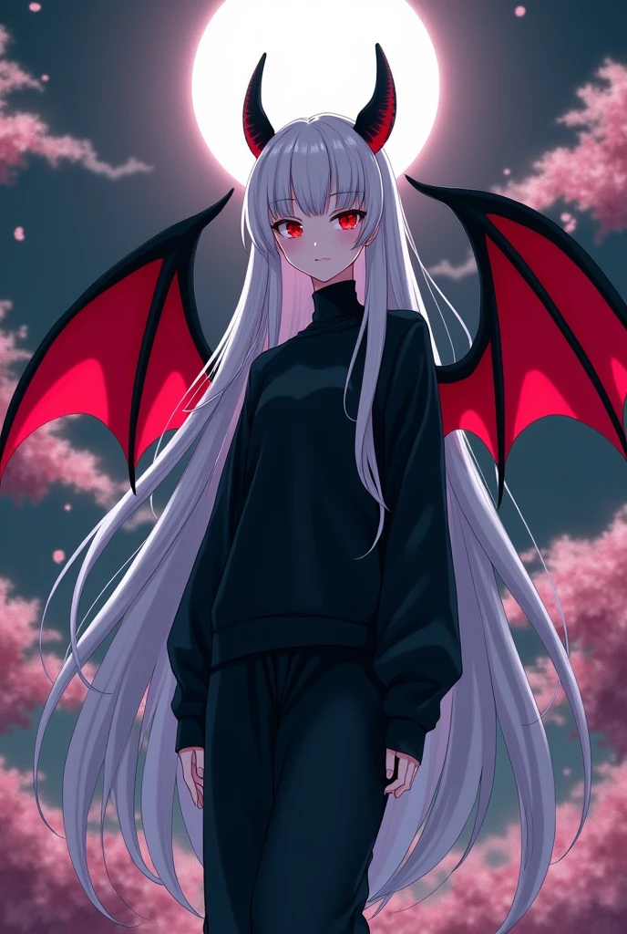 Character's Name: Kizuro
Age:
Height: 1 meter and 75 centimeters
Weight: 60kg
Skin color: Pale
Eye color and shape: Sharp red eyes with slight eyeliner on the corner
Hair color and format: White hair that reaches halfway down their legs and is parted in a fringe that covers their left eye.
Extremely feminine face.
Black bat wings with red interiors on the back.
Clothing: Kizuro wears a long-sleeved black blouse with a turtleneck, a black sweatshirt on top, slightly loose black pants that go all the way down, but they are no more than black sneakers with black soles and laces
Art in anime style Demon Slayer Kimetsu no Yaiba