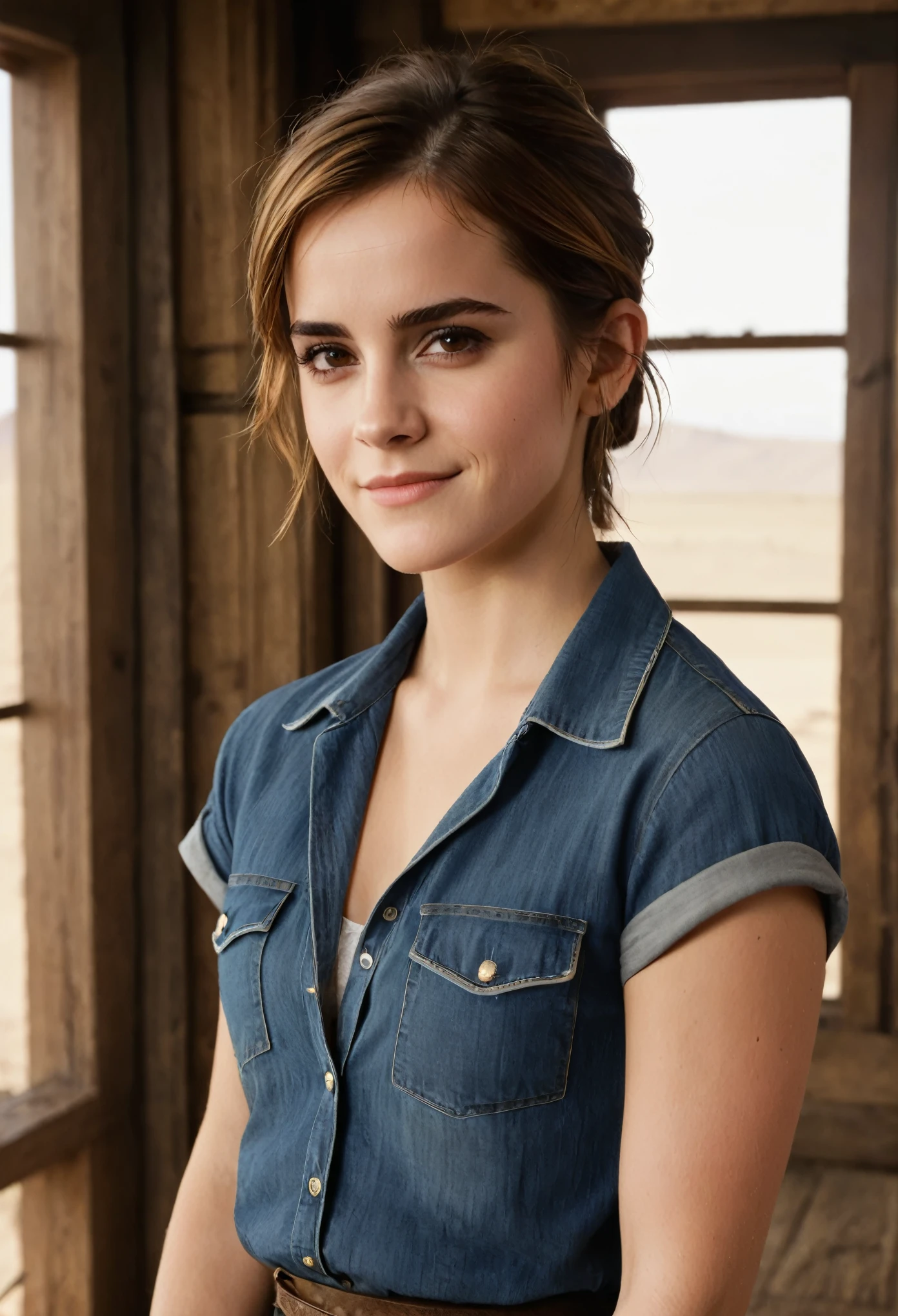 1girl, ((cowboy shot)), 25 years old, Emma Watson, ((Looking interested!! Looking amused!! Smug. Sly smile)). (((Looking at camera))). Masterpiece, top quality, best quality, beautiful eyes, perfect eyes, muscular, attractive. Indoors.