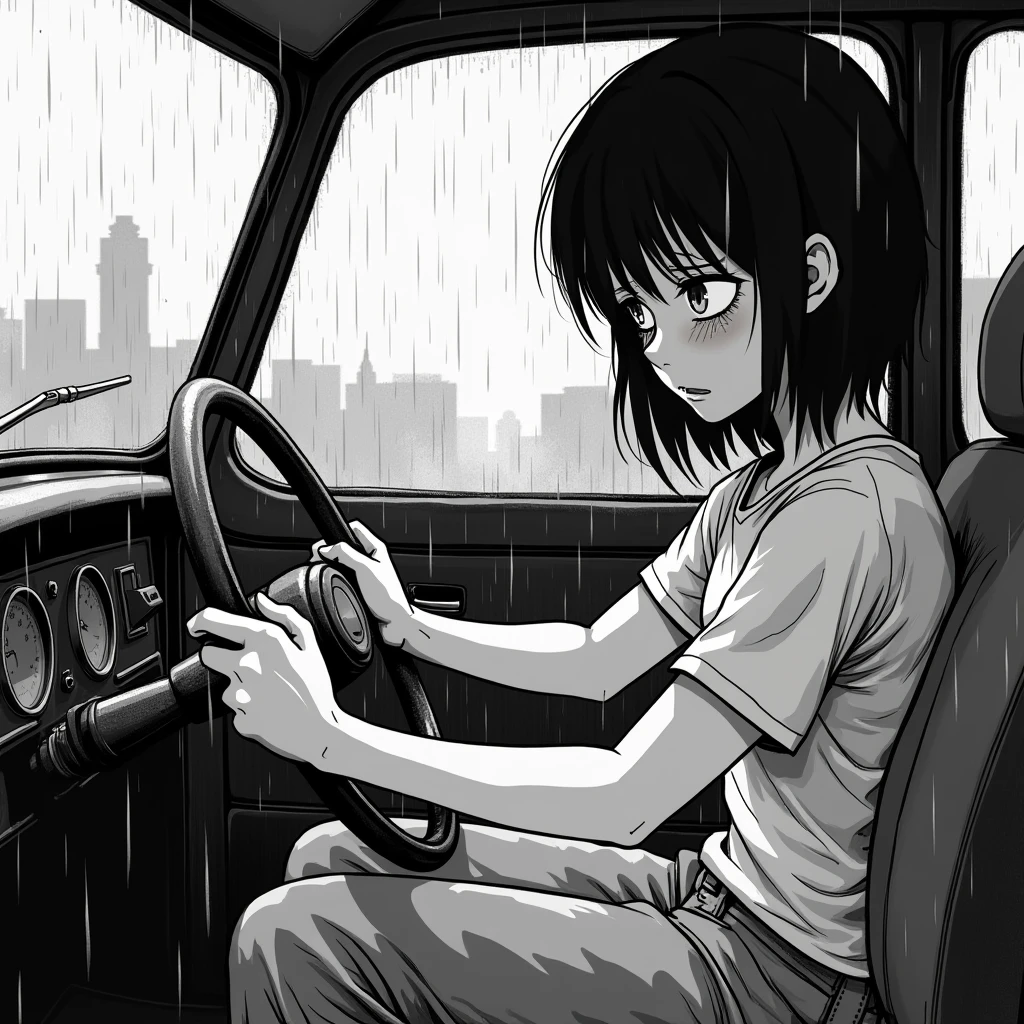 A black-and-white manga-style illustration featuring a character in a melancholic, reflective moment. The character is sitting in the driver's seat of a car, gripping the steering wheel, with tears streaming down their face. The background shows a rainy, overcast day, with raindrops on the car window and a gloomy atmosphere. The character's expression conveys deep sadness and exhaustion, with the art style focusing on fine details and shading to enhance the emotional impact. The overall mood is somber and introspective, reminiscent of classic manga scenes.