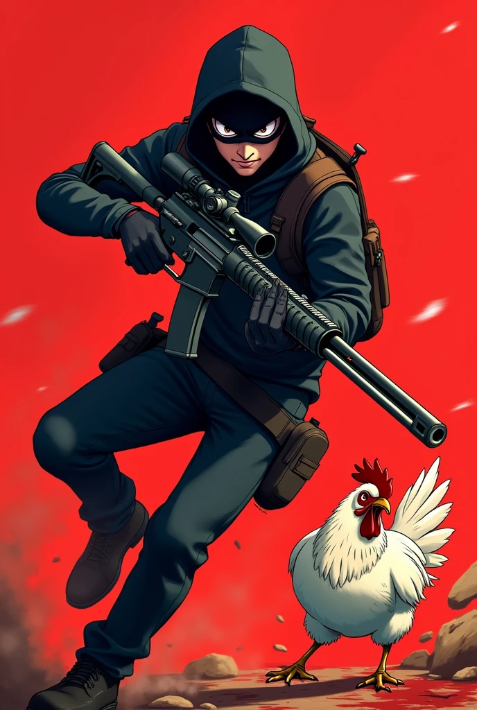 Create an image of a counter strike 2 terrorist, holding a sniper in one hand and chasing a chicken with a red background and an anime face