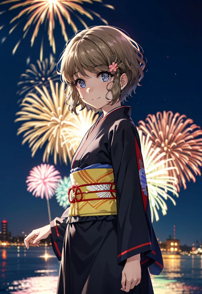 tomoekoga, Chie Koga, short hair, Brown Hair, blue eyes, Flower Hair Ornaments,smile,black kimono,Wide sleeves,日本のFestivalり,夏Festivalりの屋台,Red lantern,Fireworks in the night sky,Fireworks、The place is a fireworks display,Time is night,sunny day,turn around,whole bodyがイラストに入るように
break outdoors,Festival ,
break looking at viewer, whole body,(Cowboy Shot:1.5),
break (masterpiece:1.2), Highest quality, High resolution, unity 8k wallpaper, (figure:0.8), (Beautiful attention to detail:1.6), Highly detailed face, Perfect lighting, Highly detailed CG, (Perfect hands, Perfect Anatomy),