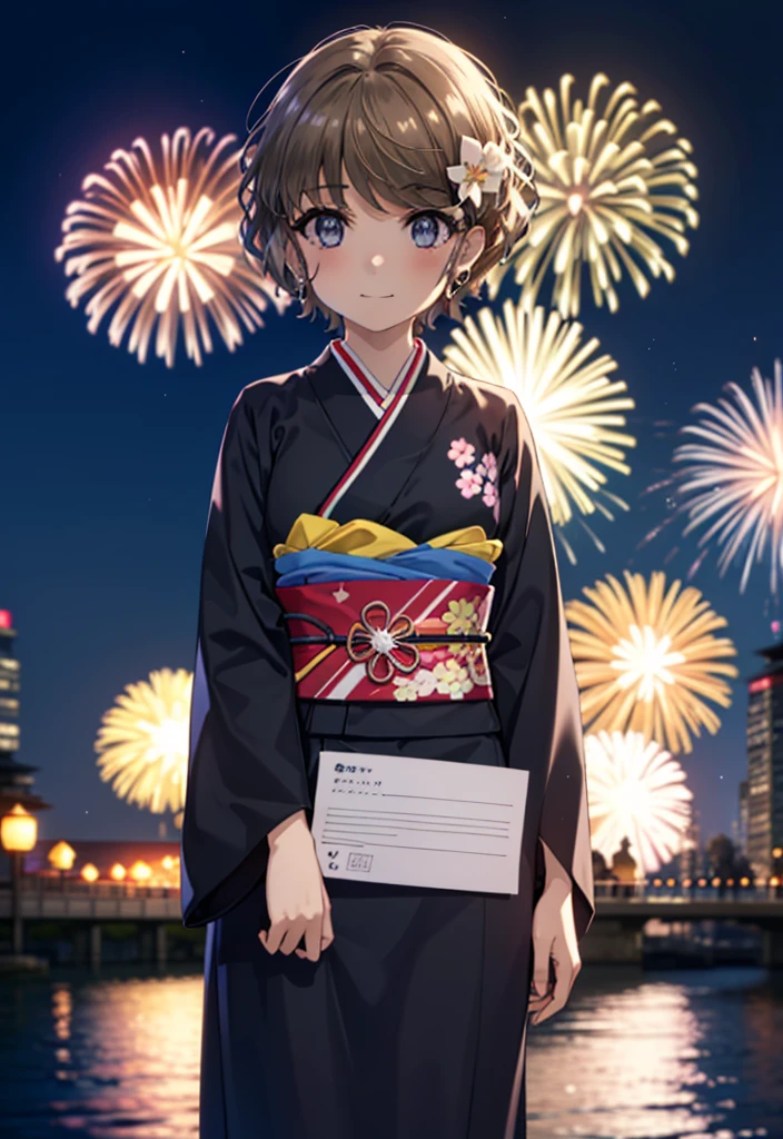 tomoekoga, Chie Koga, short hair, Brown Hair, blue eyes, Flower Hair Ornaments,smile,black kimono,Wide sleeves,日本のFestivalり,夏Festivalりの屋台,Red lantern,Fireworks in the night sky,Fireworks、The place is a fireworks display,Time is night,sunny day,turn around,whole bodyがイラストに入るように
break outdoors,Festival ,
break looking at viewer, whole body,(Cowboy Shot:1.5),
break (masterpiece:1.2), Highest quality, High resolution, unity 8k wallpaper, (figure:0.8), (Beautiful attention to detail:1.6), Highly detailed face, Perfect lighting, Highly detailed CG, (Perfect hands, Perfect Anatomy),