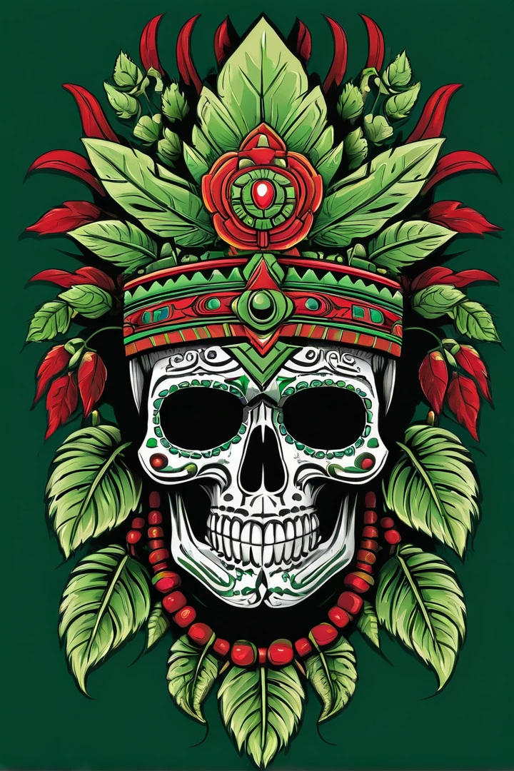 skull and a red and green design, aztec skull, Maya style, single aztec skull, mexican, aztec skull with crown of hops, nazca design, 4k screen printing t-shirt design, Very detailed print, mexican warrior, sacred skull, made in maya, very detailed illustration, hydro74 style, diseño de camiseta formato png (png) High resolution, High resolution,
