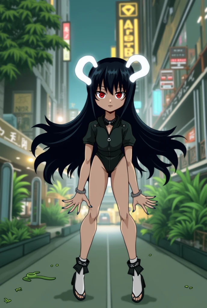 Girl with black hair and white horns and sexy outfit, with red eyes