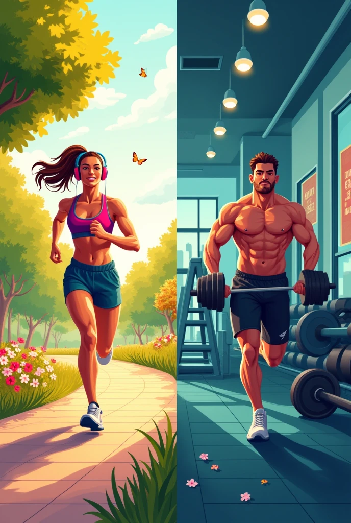 Hey, can you make a kind of nice drawing that represents aerobic and anaerobic exercises, one on each side? For example, a person walking on one side and a person lifting weights on the other side. ,