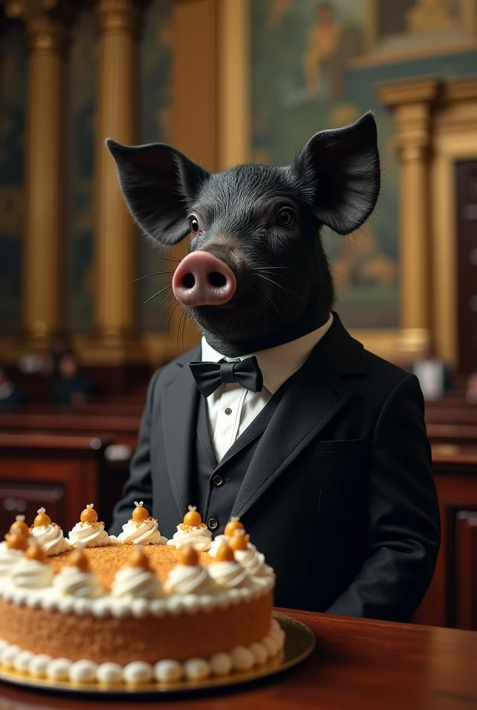 A black pig, weeping and corrupt, wearing a formal suit, looking at a cake and wanting to eat it., but he doesn&#39;t eat, Inside the Guatemala Congress 