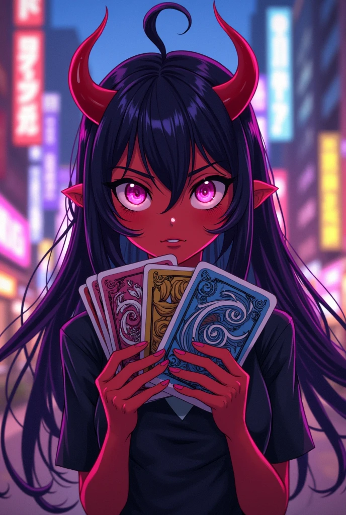 Anime style demon girl, holding Kamen Rider cards