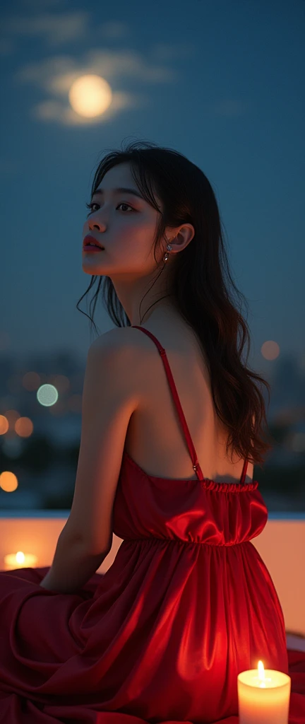 (32K:1.9, Highest quality, masterpiece, Ultra-high resolution), Professional camera work:1.6, Very detailedな肌と顔の質感:1.3, attractive肖像画:1.3, Very accurate, Very detailed, 1 adult Japanese female, ((Amazing night view from the rooftop, The moonlight at night illuminates my body)), (Satin Red Nightgown:0.5), Incredibly slim body, Fair skin, elegant, Expressions of sadness, (Big eyes that exude beautiful eroticism:0.8, Sad expression:1.0, I love you with all my heart:0.8, Open your mouth a little, lipstick, Feel the beautiful eroticism:0.8), (Wet dark brown medium length hair), Candles, Mid-chest, Earrings, necklace, bracelet, Sensual sitting position, (romantic, dramatic, mysterious), Object of admiration, format, artistic, Innovative, attractive, Stimulate the, Extreme, Tilt, ((Adult charm, Feminine charm, Hair blowing in the wind))