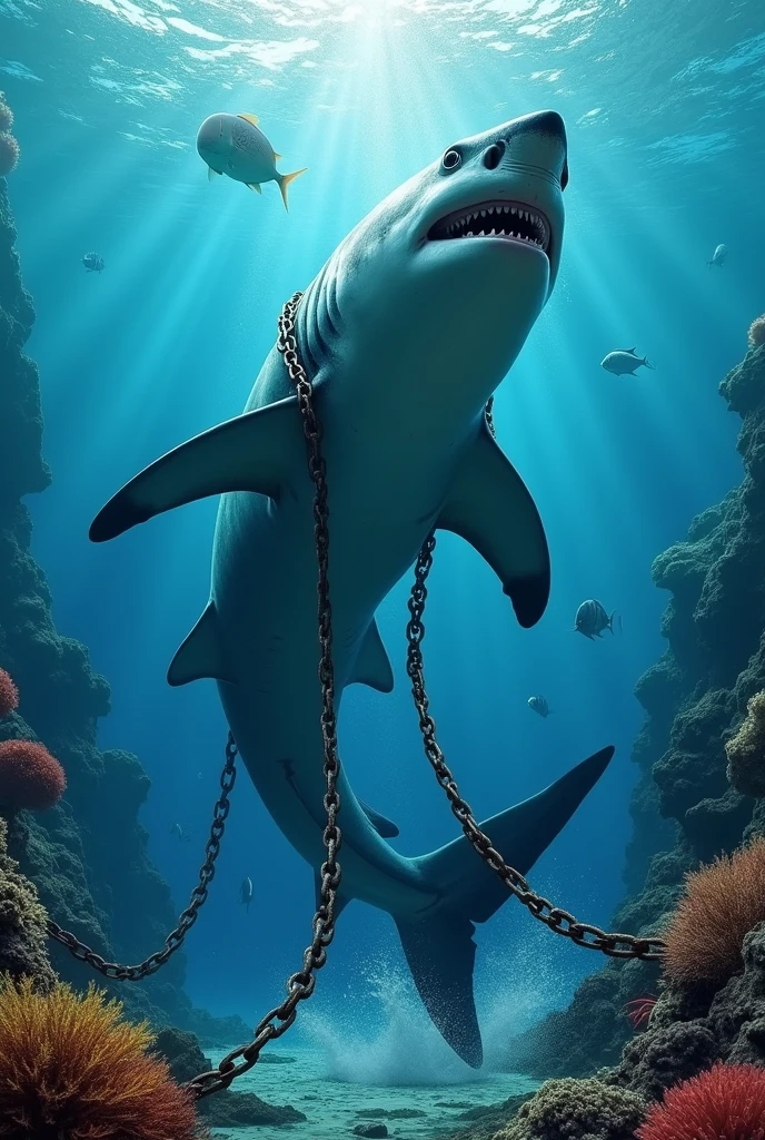shark Giant tail fin Giant tail Big tail fin Tail large sharkのおしりを鎖で縛って Pulling with a chain on the tail