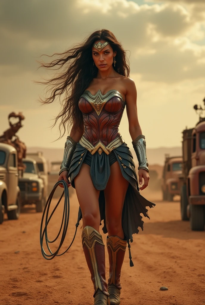(photorealism:1.2), beautiful Druuna as Wonder Woman in Mad Max Fury Road scenario.